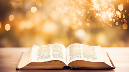 A Bible open to a verse with a warm, soft bokeh background, spiritual practices of Christians, bokeh - obrazy, fototapety, plakaty