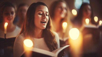 A group of believers singing hymns during a church service, spiritual practices of Christians, bokeh - obrazy, fototapety, plakaty