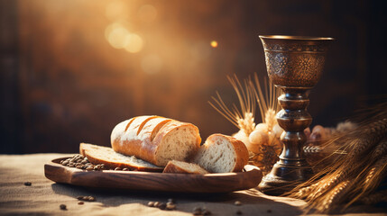 A communion table with a chalice and bread, spiritual practices of Christians, bokeh - obrazy, fototapety, plakaty