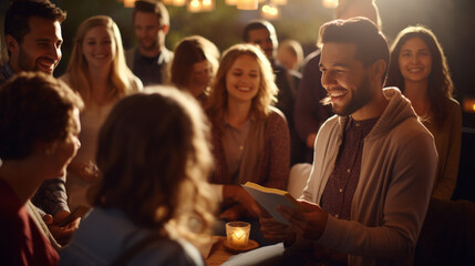 A group gathered for Bible study with warm, inviting bokeh in the background, spiritual practices of Christians, bokeh