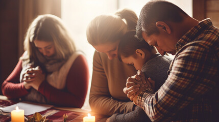 A family praying together at home with a gentle bokeh effect, spiritual practices of Christians, bokeh - obrazy, fototapety, plakaty