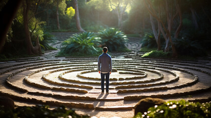 A person in deep contemplation while walking a labyrinth, spiritual practices of Christians, bokeh