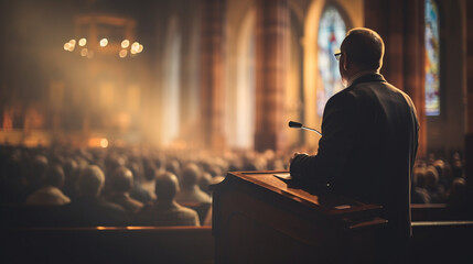 A pastor delivering a sermon with soft, diffused light in the church, spiritual practices of Christians, bokeh - obrazy, fototapety, plakaty
