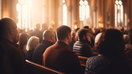 A congregation sharing the peace of Christ during a church service, spiritual practices of Christians, bokeh - obrazy, fototapety, plakaty