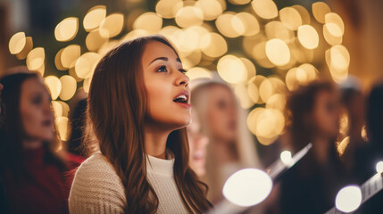 A choir rehearsing for a Christmas concert with festive bokeh lights, spiritual practices of Christians, bokeh - obrazy, fototapety, plakaty