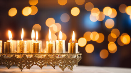A Hanukkah menorah beautifully lit with shimmering bokeh lights, spiritual practices of Jewish, bokeh - obrazy, fototapety, plakaty