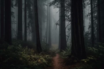 Foto op Plexiglas A misty forest with tall trees and a dark foggy backdrop. Generative AI © Niklas