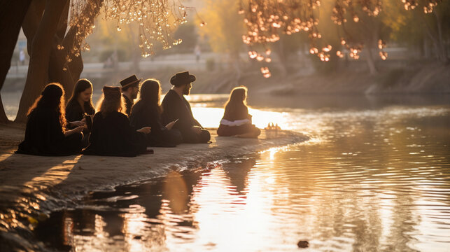A group participating in Tashlich by a flowing river with reflective bokeh, spiritual practices of Jewish, bokeh