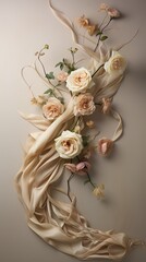 Flowers flowing from one corner to the opposite, intertwined with cascading ribbons on a muted beige surface. Vertical orientation. 