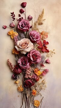 Dried roses and wildflowers on an aged parchment paper. Glamorous wedding background. Vertical orientation with copy space. 