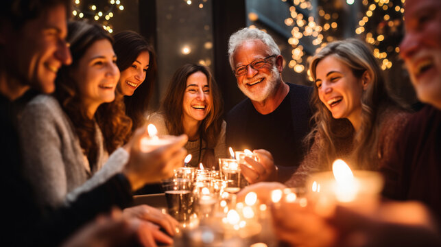 A joyful group celebrating a Jewish lifecycle event with festive bokeh lights, spiritual practices of Jewish, bokeh