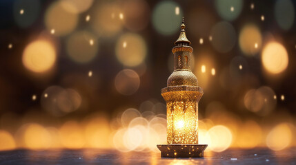 A minaret beautifully illuminated during the call to prayer (Adhan) with soft, ethereal bokeh, spiritual practices of Muslim, bokeh