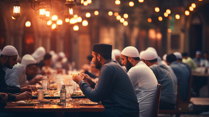 A group of Muslims breaking their fast during Ramadan with warm, inviting bokeh lights, spiritual practices of Muslim, bokeh