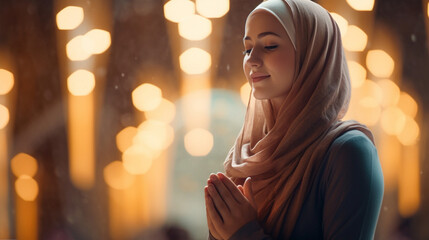A woman wearing a hijab engaged in personal reflection and supplication with gentle bokeh surroundings, spiritual practices of Muslim, bokeh - obrazy, fototapety, plakaty