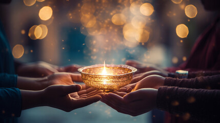 A group of Muslims offering their gratitude (Shukr) with serene bokeh lights creating a peaceful atmosphere, spiritual practices of Muslim, bokeh