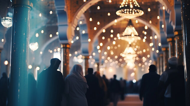 A mosque's prayer hall during Eid prayers, filled with worshippers and festive bokeh lights, spiritual practices of Muslim, bokeh