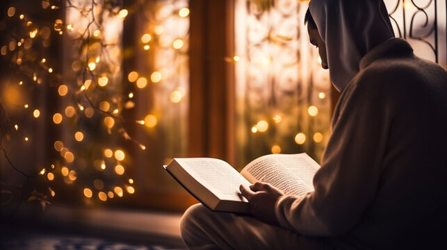 A person engaged in the recitation of Surah Yasin with focused, tranquil bokeh surroundings, spiritual practices of Muslim, bokeh