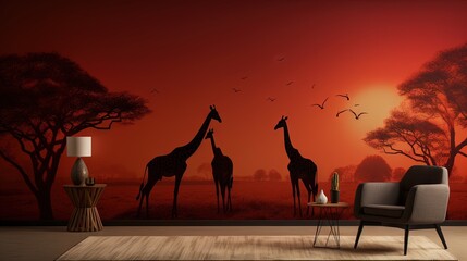 Fototapeta na wymiar two giraffes are standing in a red sunset scene. generative ai