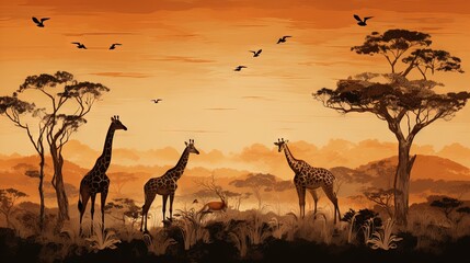 Fototapeta na wymiar a painting of giraffes and other animals in the wild. generative ai