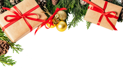 Christmas fir branches, gift boxes isolated on white or transparent background.