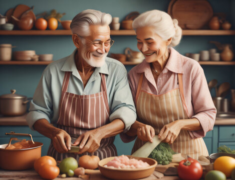 Old couple cooking together in kitchen. Happiness. White mature couple. European couple. Generative AI