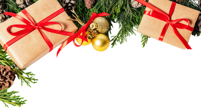 Christmas fir branches, gift boxes isolated on white or transparent background.