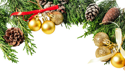 Pine twigs and Christmas decorations isolated on white or transparent background.