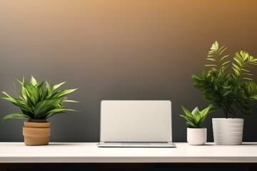 A modern office desk with a white computer laptop, a plant, and documents. Generative AI
