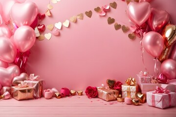 Fototapeta na wymiar Happy valentines day banner. Pink and gold hearts foil balloons with gifts on Valentines Day background. Generative Ai.