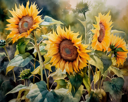 Sunflowers against the background of a summer landscape. watercolor illustration.