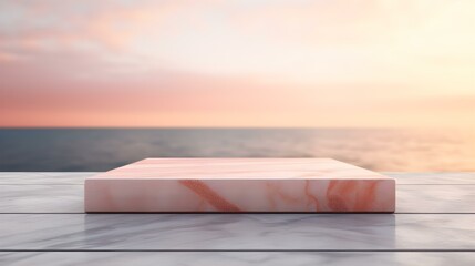 Square Marble Podium in light red Colors in front of a blurred Seascape. Luxury Backdrop for Product Presentation