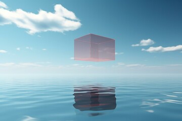 Minimalist cube podium hovering over ocean with abstract surreal background. Generative AI