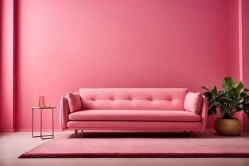 Bright light pink couch near color solid wall. Generative AI.