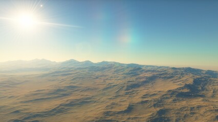 Mars like red planet, with arid landscape, rocky hills and mountains, for space exploration and science fiction backgrounds.
