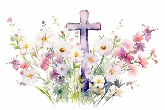 Illustration Of Watercolor Wildflowers On A Cross, Ideal For Religious Events Like Baptism Or Easter, Rustic Wedding Invitations, And Card Designs. Generative AI