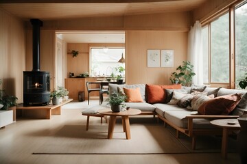 a scandinavian style living room in an English semi-detached house. Generative AI.