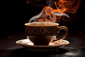Coffee cup on a dark background with smoke. Hot drink.