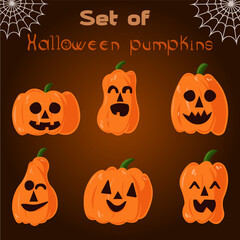 Cute Halloween set with funny pumpkins and cobwebs