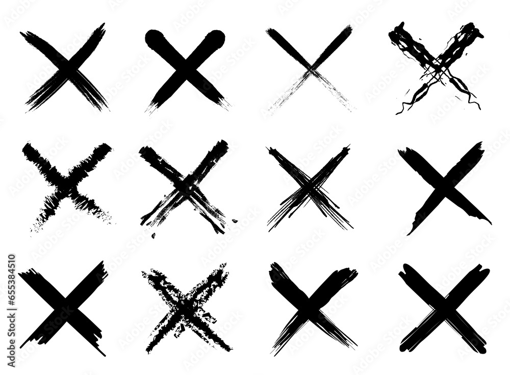 Leinwandbilder x cross set with black paint effect. dirty grunge hand drawn with brush strokes cross x vector illus