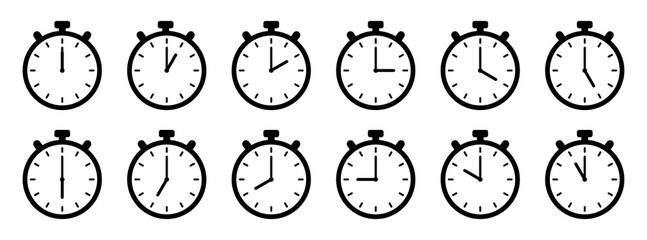 24 hours time laps watch vector set with action buttons. Set of clock icon for every hour. 12 hour clock icon. Clock icon Vector illustration. - obrazy, fototapety, plakaty