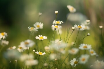 White small daisies and chamomile on thin stems on blurred background. Generative AI
