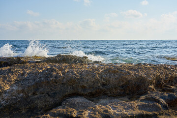 The stone coast of the Mediterranean Sea in Cyprus.