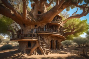 A house inside a tree. The house is designed by Gaudi. The tree is a baobab - AI Generative - obrazy, fototapety, plakaty
