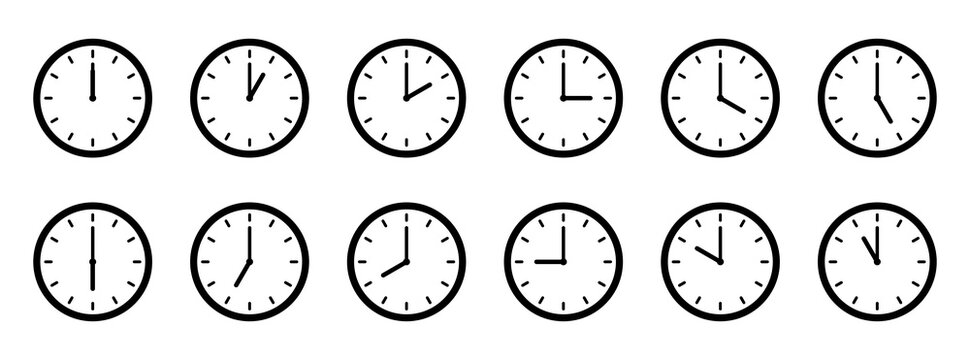 24 hours time laps watch vector set. Set of clock icon for every hour. 12 hour clock icon. Clock icon Vector illustration.