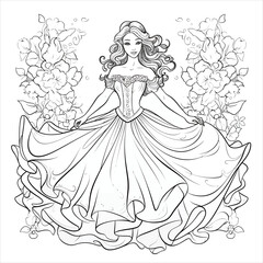 Fototapeta premium Ballerina in a cloud with flower petals. Coloring book with ballerina. Dancing. Black and white vector illustration.