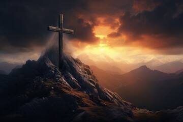 Cross on top of a spiritual mountain with a sunsetting in the background
