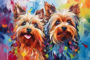 Abstract artwork depicting energetic Yorkies in vibrant colors. Generative AI