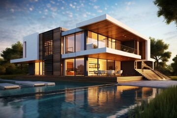 Fototapeta na wymiar Image of beautiful contemporary residence with a lavish pool in the backyard. Generative AI