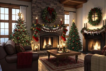 A cozy living room with two fireplaces at Christmas