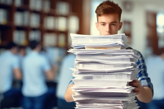 Overwhelmed student with piles of paperwork surrounding him